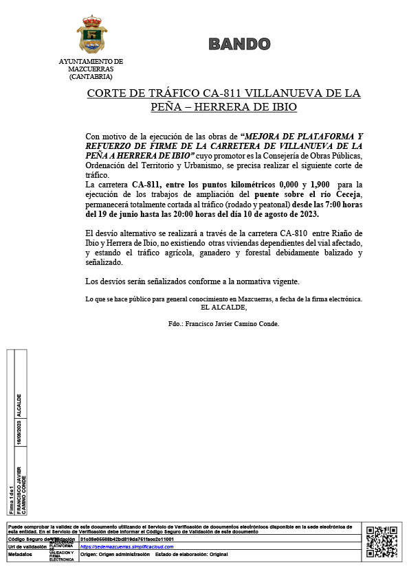 BANDO: CORTE DE TRAFICO CA-811 VILLANUEVA DE LA PEÑA – HERRERA DE IBIO
