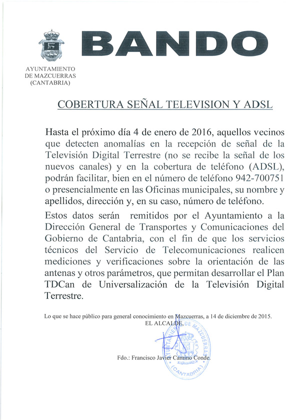 Cobertura señal de televisión y ADSL