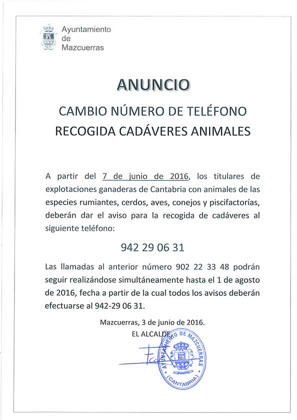 Cambio Número de teléfono recogida cadáveres animales