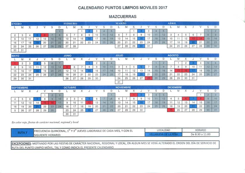 Calendario Punto Limpio Móvil Villanueva 2017