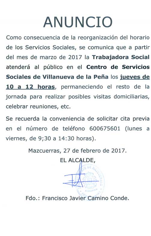 Horario Servicios Sociales Marzo 2017