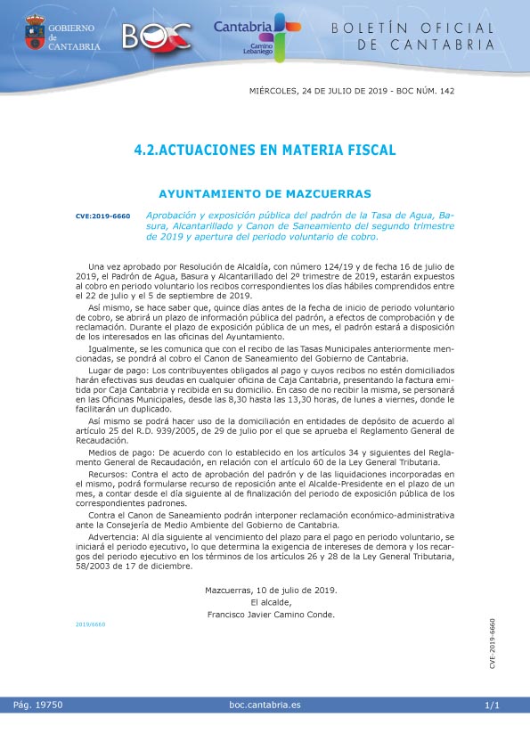 Aprobación y exposición pública del padrón de la Tasa de Agua, Basura, Alcantarillado y Canon de Saneamiento del Segundo Trimestre de 2019